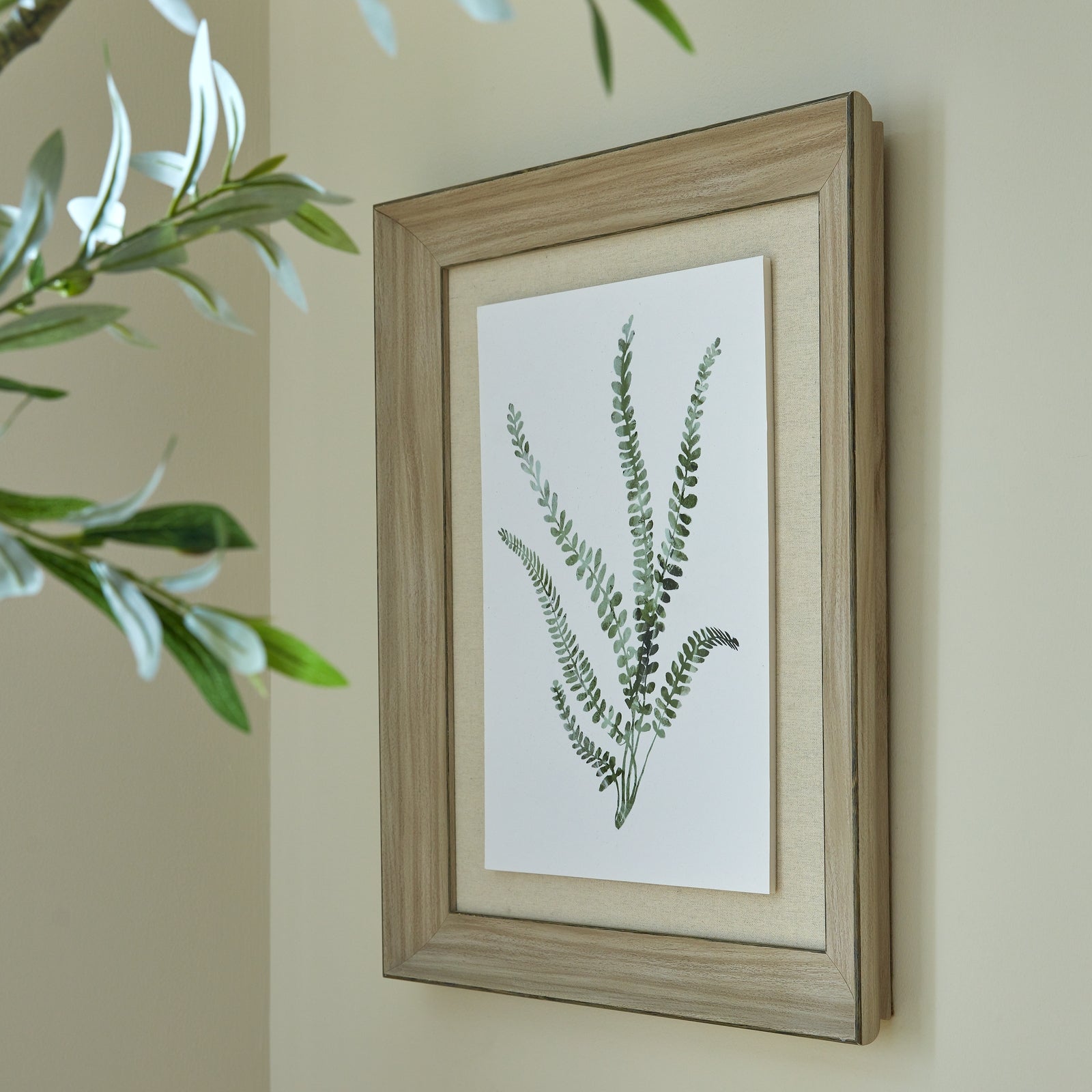 Washed Ferns Stretching for Light Watercolour Artwork On Paper Washed Wood Frame