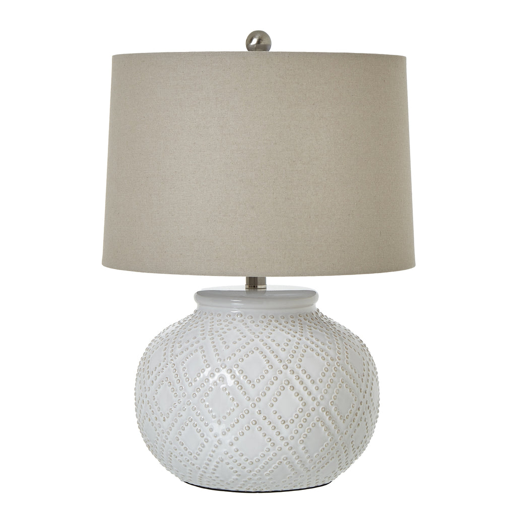 Ceramic Squat Squat-Beaded-Lamp-With-Linen-Shade Product Image