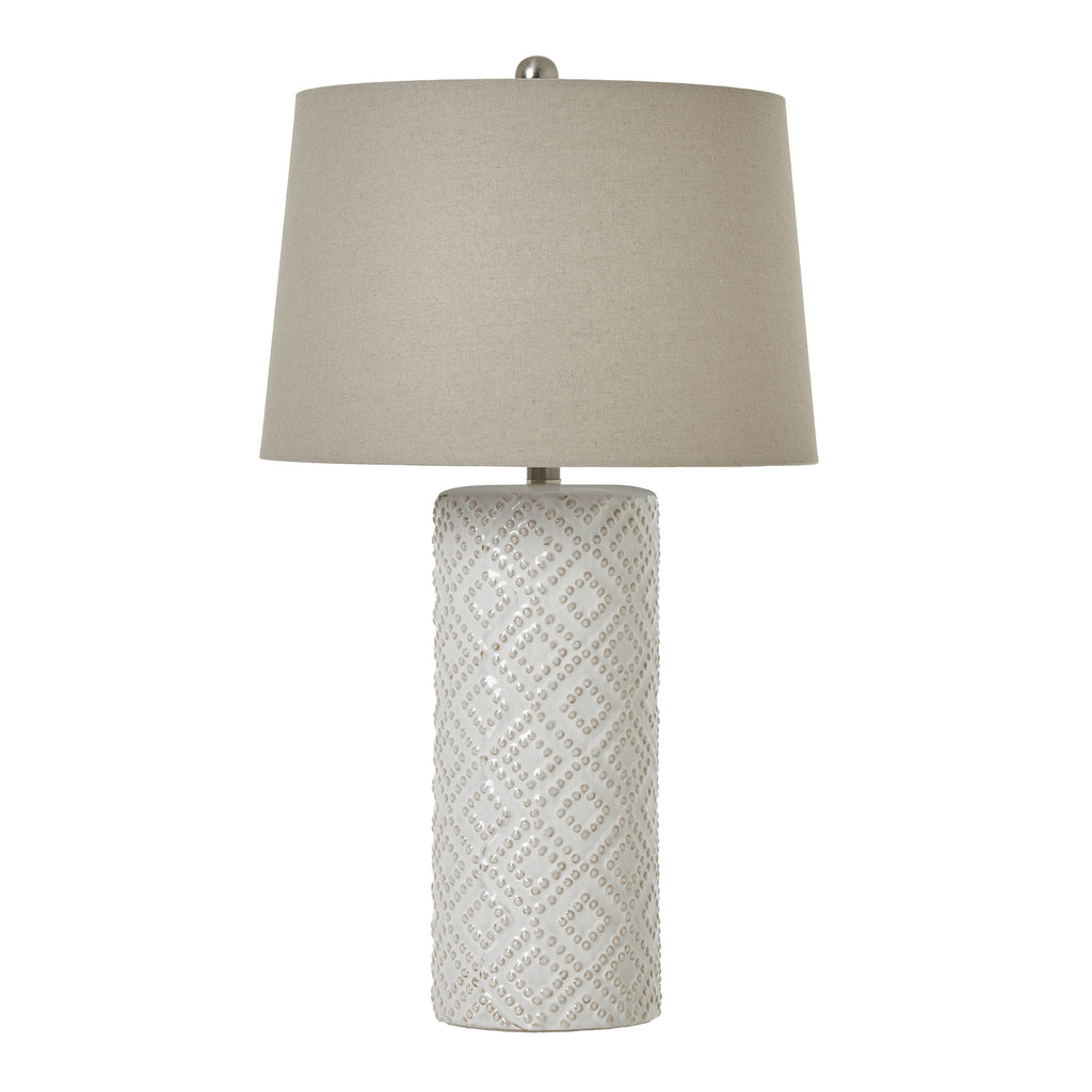 Pearl White Beaded Ceramic Lamp With Linen Shade – product view