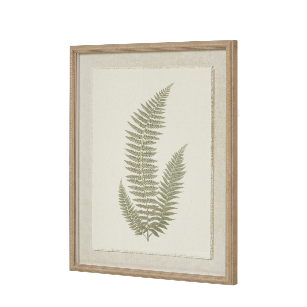 Delicate Fern Triple Frond Art Print On Torn Paper Beaded Wooden Frame