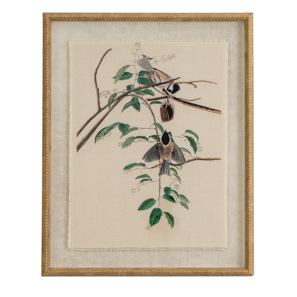 Flora & Fauna Study Chickadees Art Print On Linen Beaded Wooden Frame Product Image