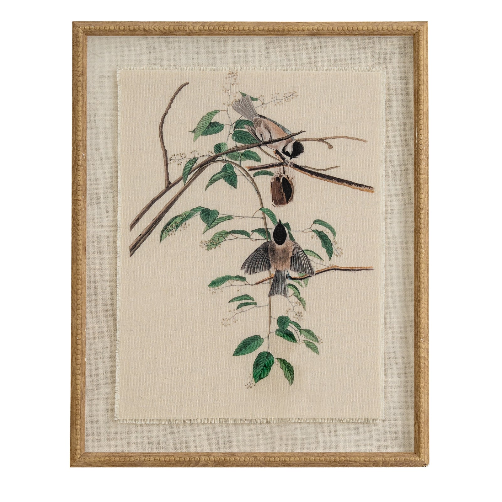 Flora & Fauna Study Chickadees Art Print On Linen Beaded Wooden Frame Product Image