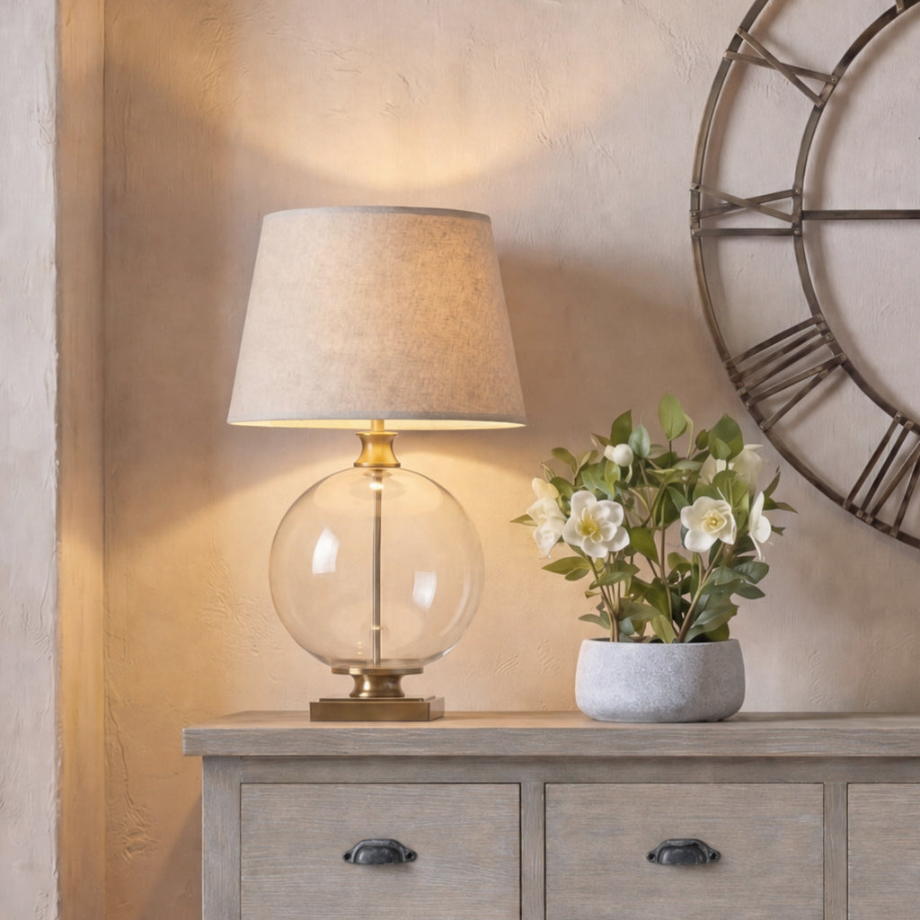 Vela Glass Orb Table Lamp With Edged Linen Shade – product view