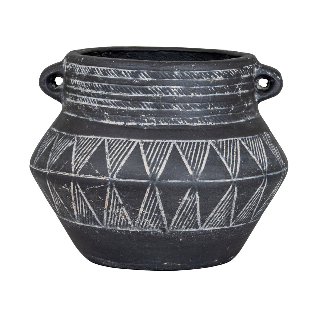Black Geometric Chevron Ceramic Pot with Handle