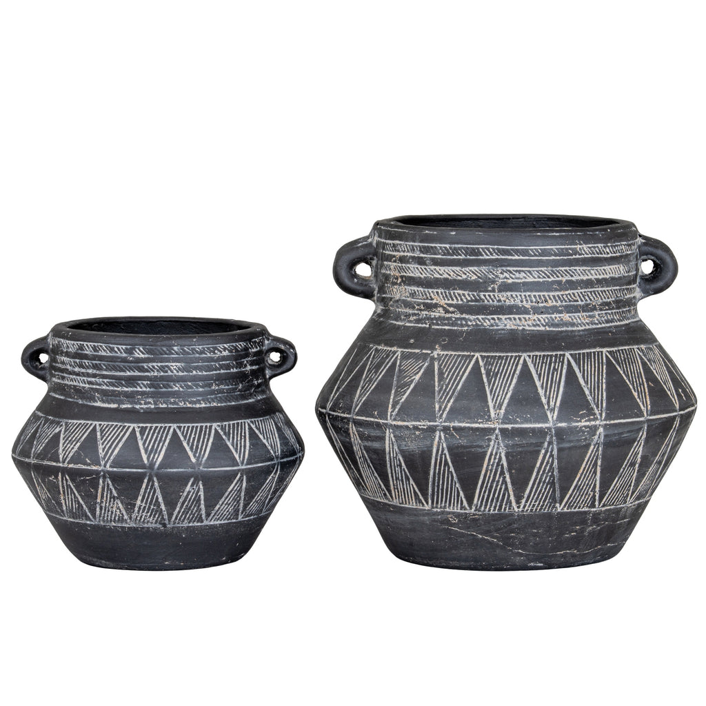 Black Geometric Chevron Ceramic Pot with Handle
