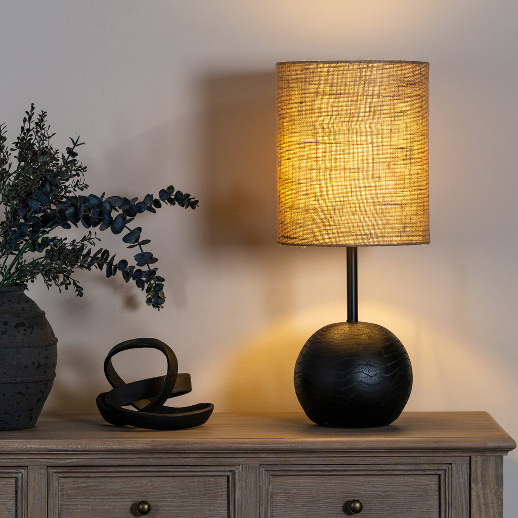 Forge Black Cannon Table Lamp With Hessian Shade – product view
