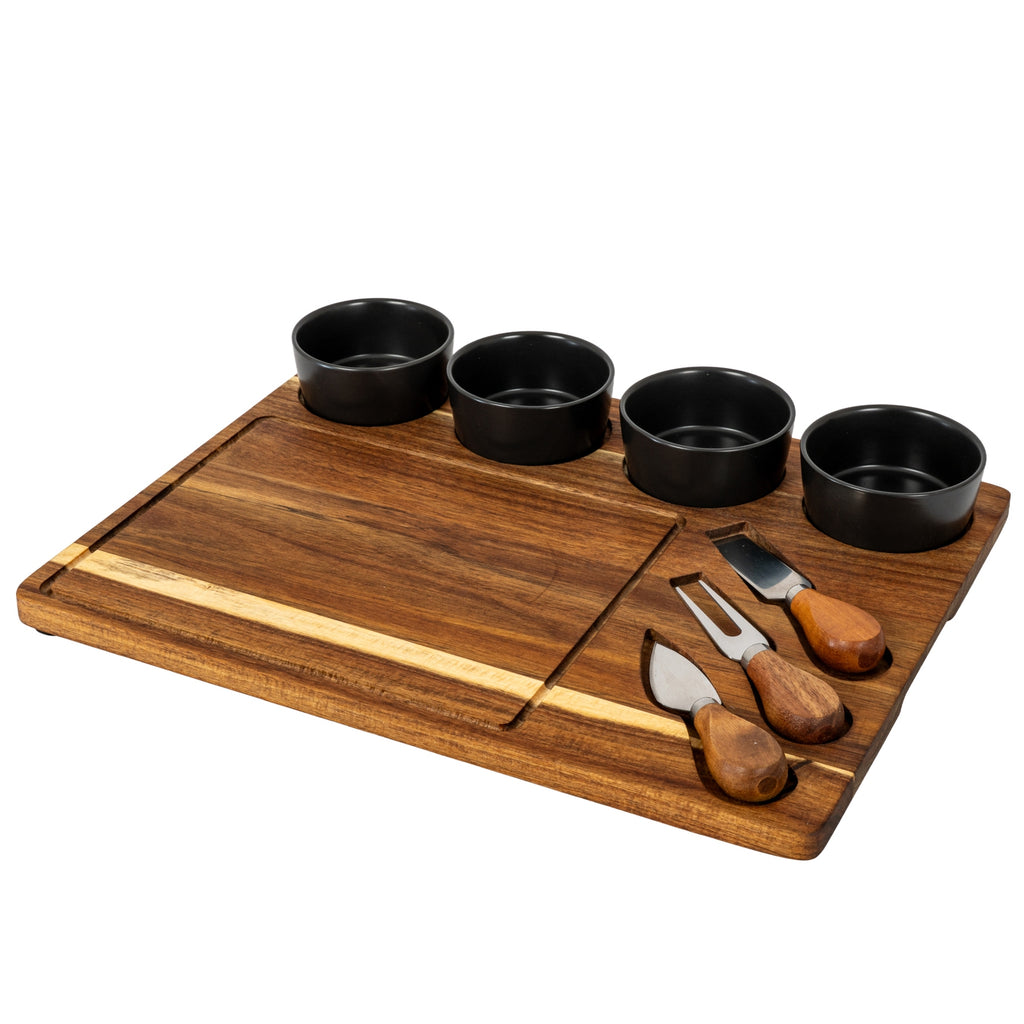Acacia Cheese Board with Grey Bowls & Cutlery – view 2