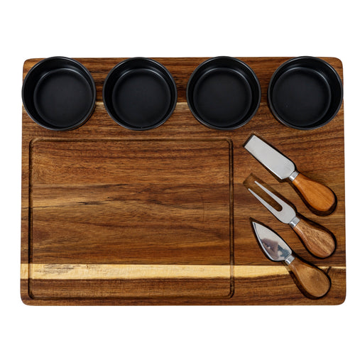 Acacia Cheese Board with Grey Bowls & Cutlery