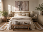 Nestled bedroom with wooden furniture, neutral decor, and natural light.