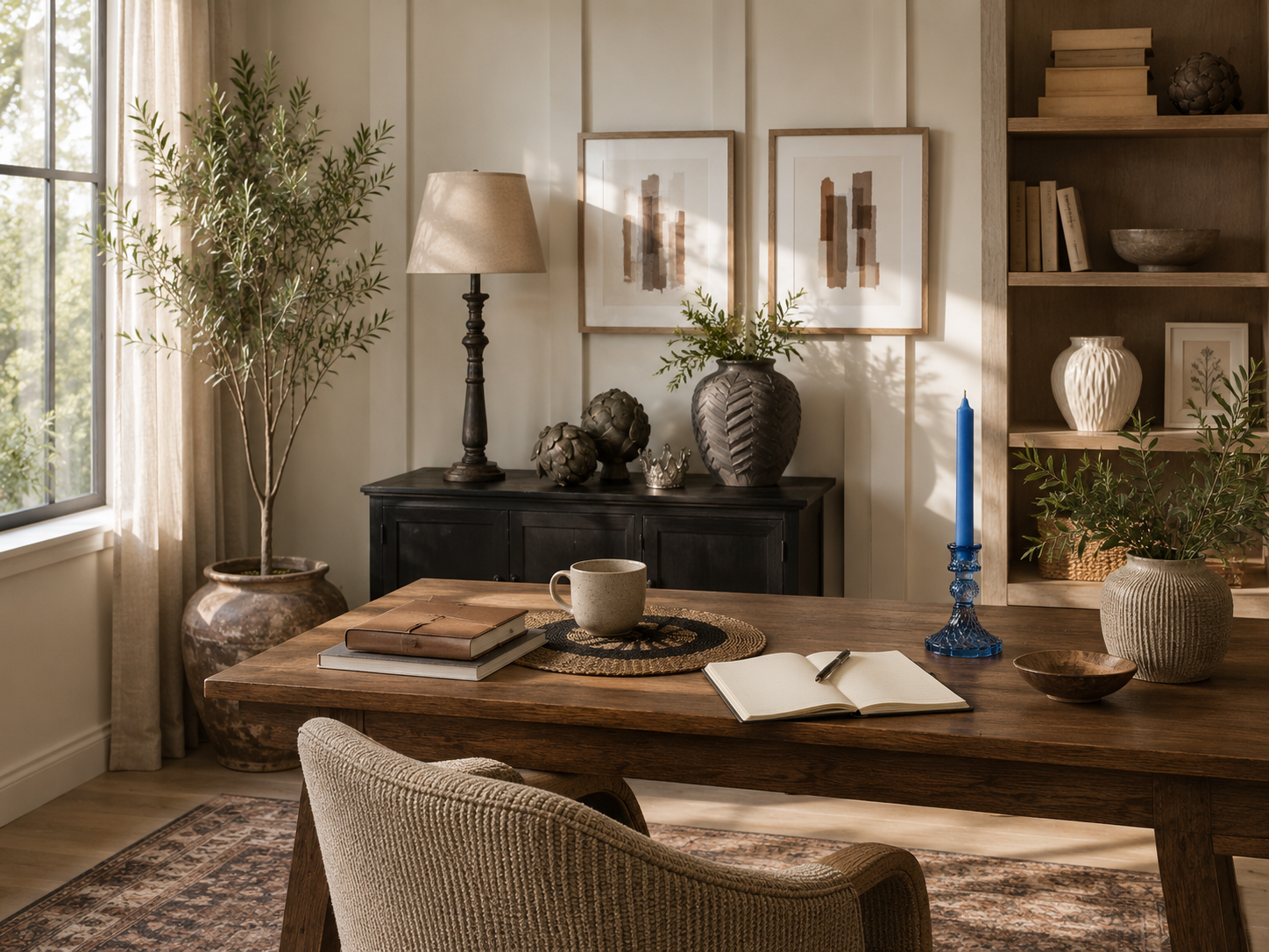 Cozy home office with wooden desk, chair, and decorative items.