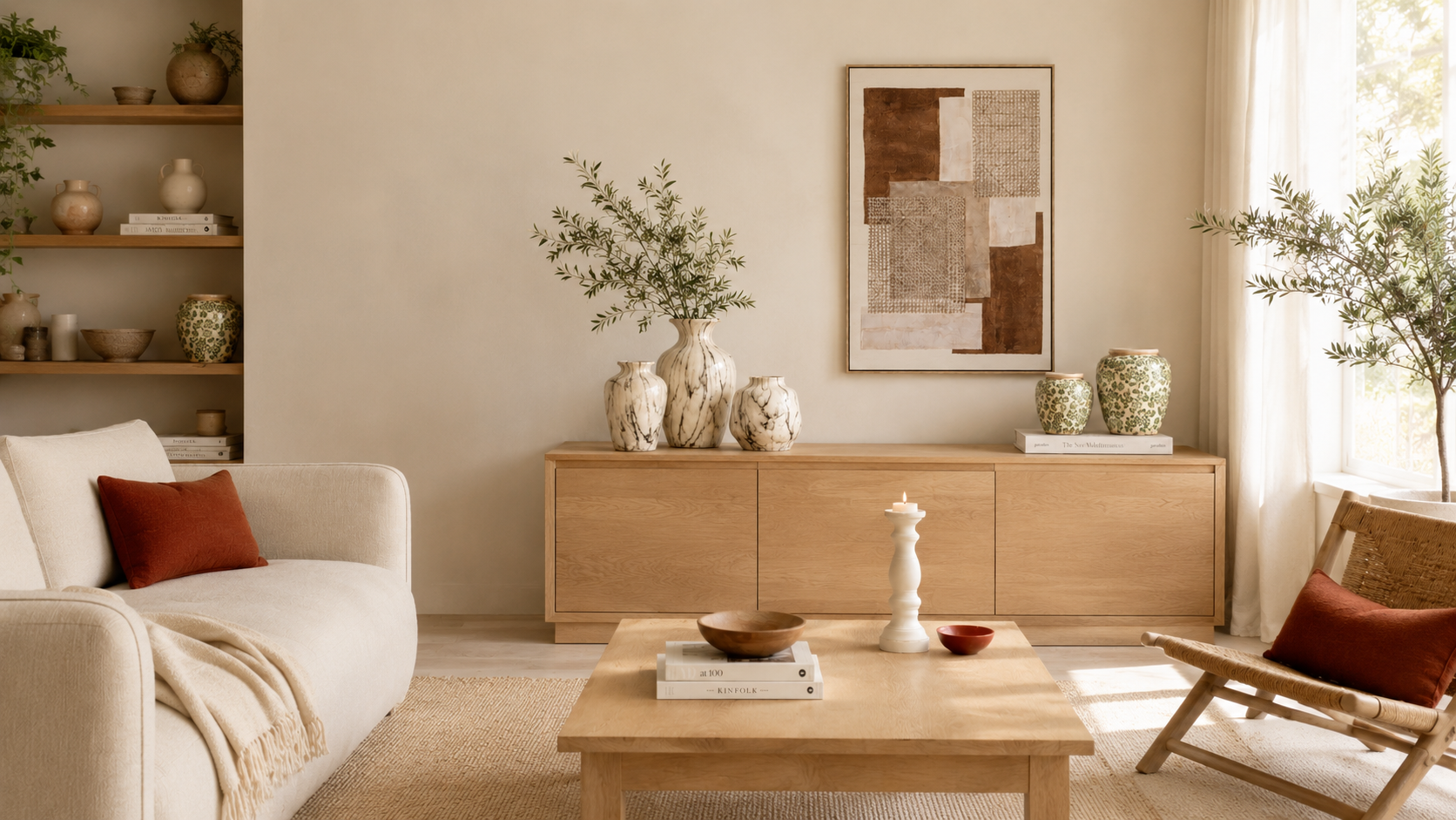 Living room with a beige sofa, wooden coffee table, and shelves with decorative items.