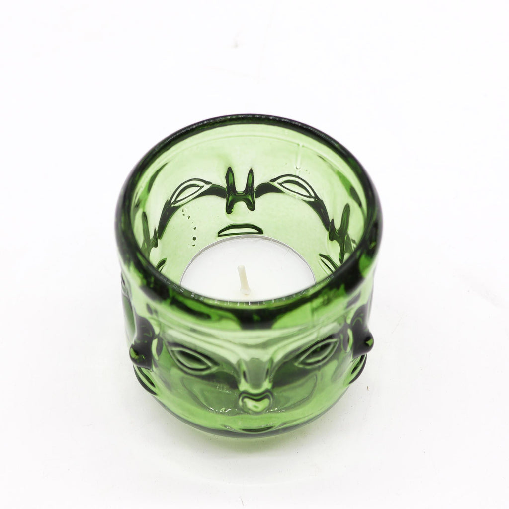 Buddha pressed glass Buddha Faces Candle Jar - Garden Jade