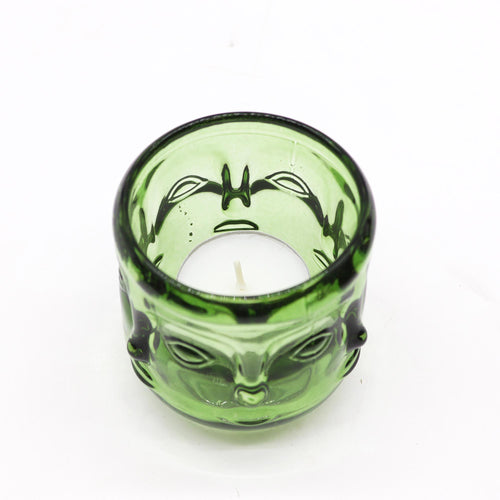 Buddha pressed glass Buddha Face Candle-Jar - Antique Amber
