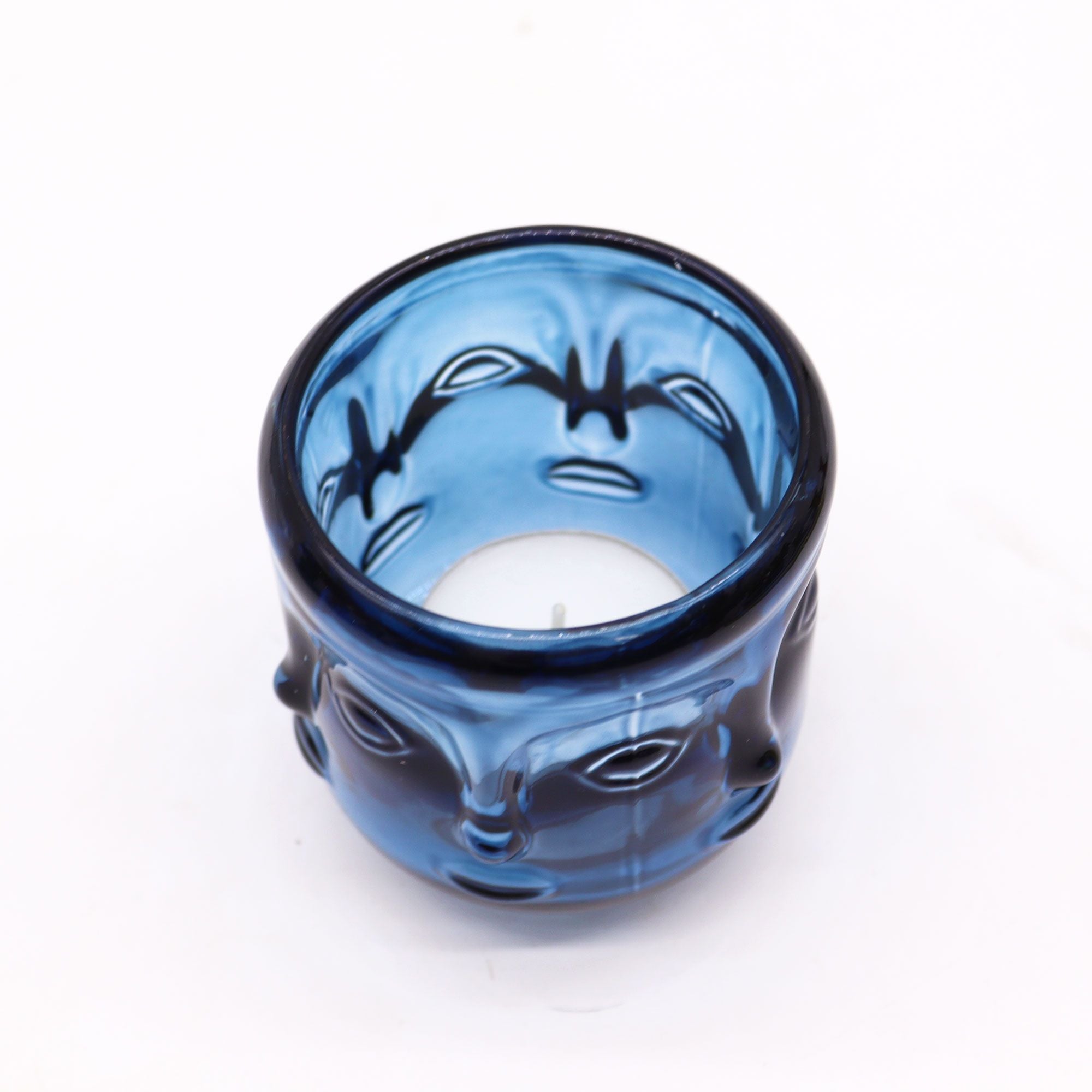Buddha pressed glass Buddha Faces Candle Jar - Royal Blue