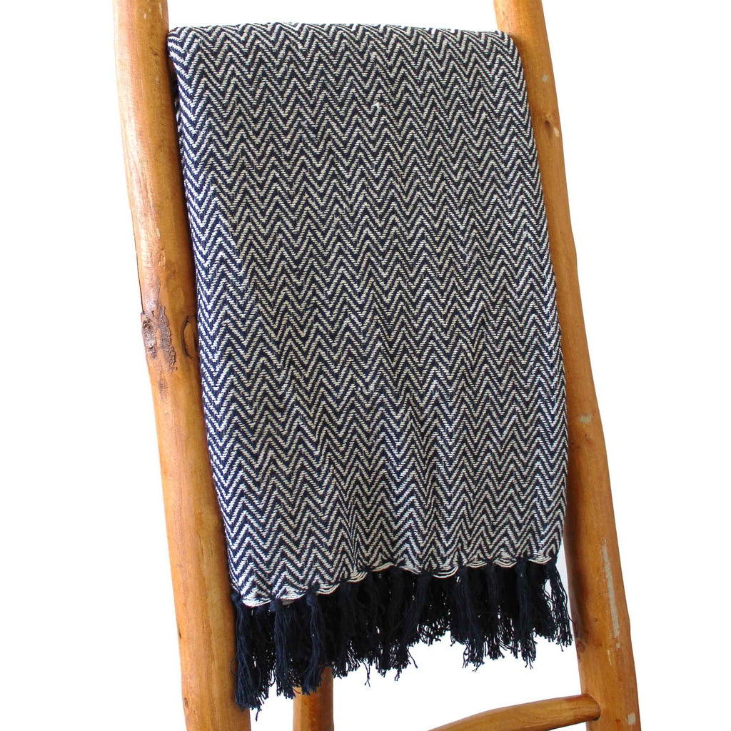 Throw Cotton Boho Comfort Throws - Navy Zigzag Product Image