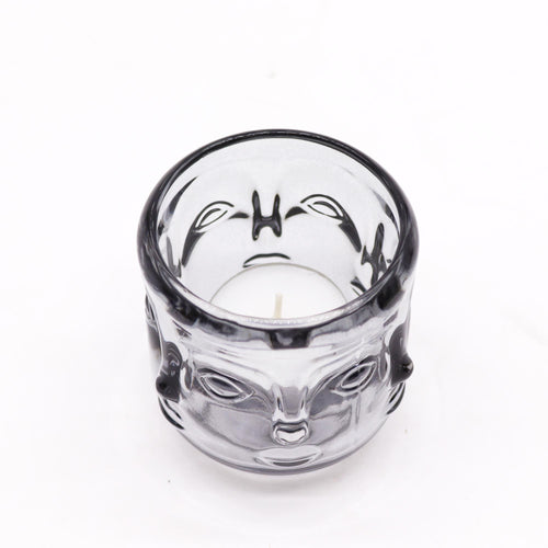 Buddha pressed glass Buddha Face Candle-Jar - Antique Amber