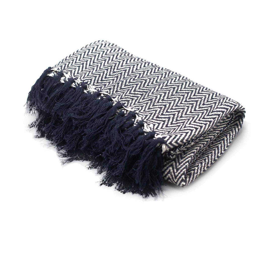 Throw Cotton Boho Comfort Throws - Navy Zigzag