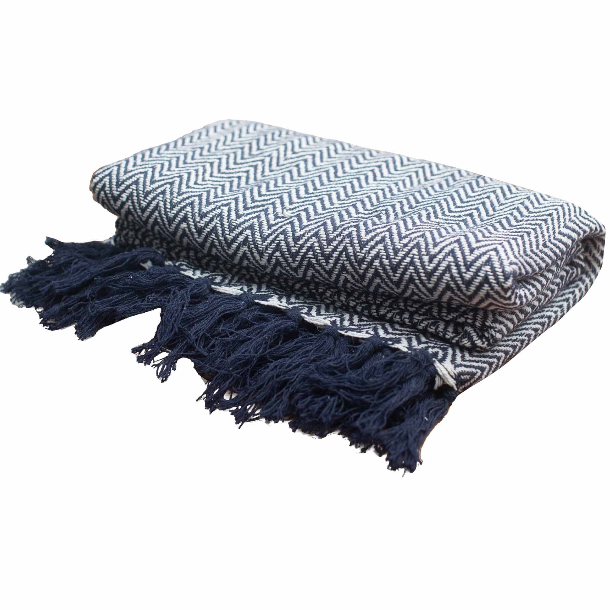Throw Cotton Boho Comfort Throws - Navy Zigzag