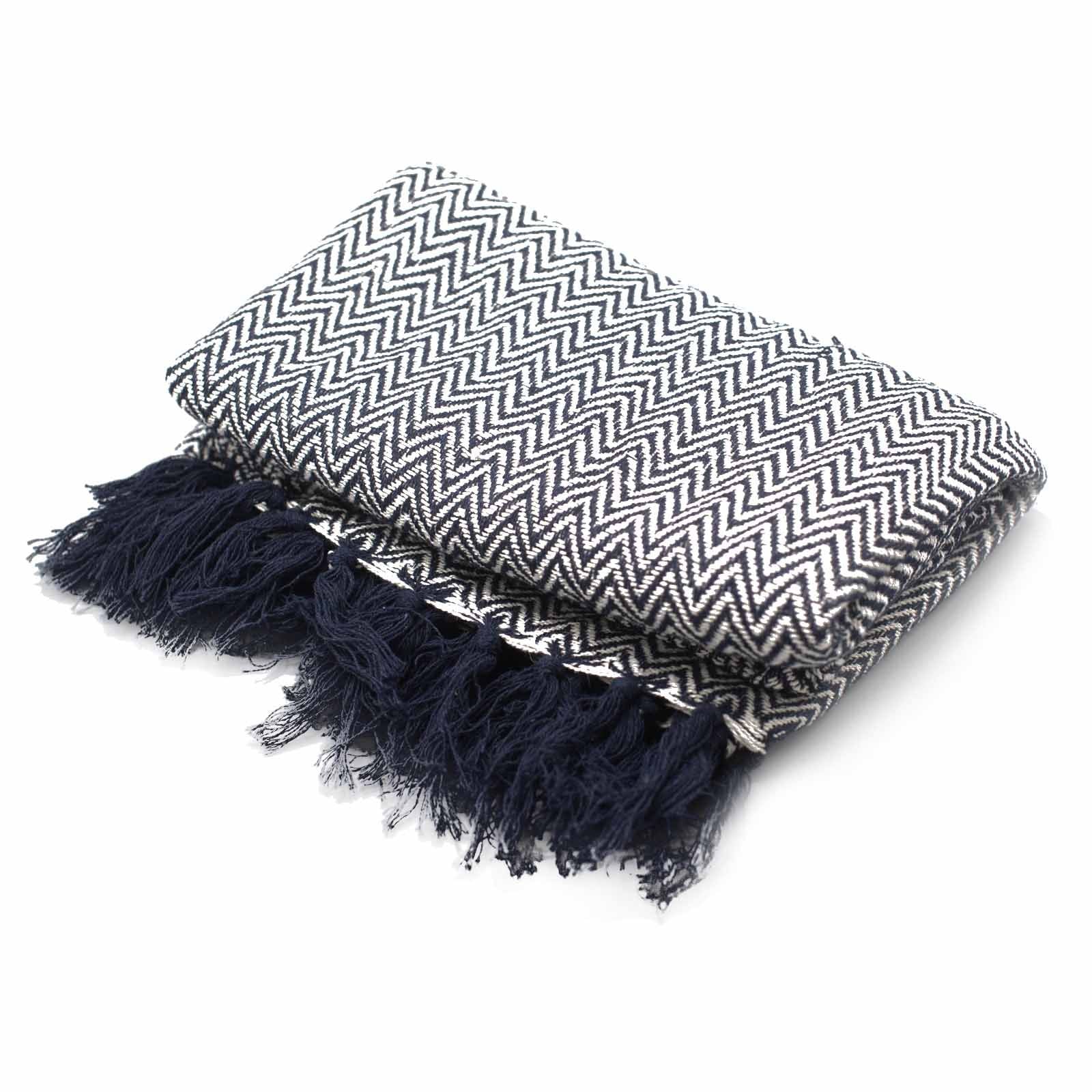 Throw Cotton Boho Comfort Throws - Navy Zigzag