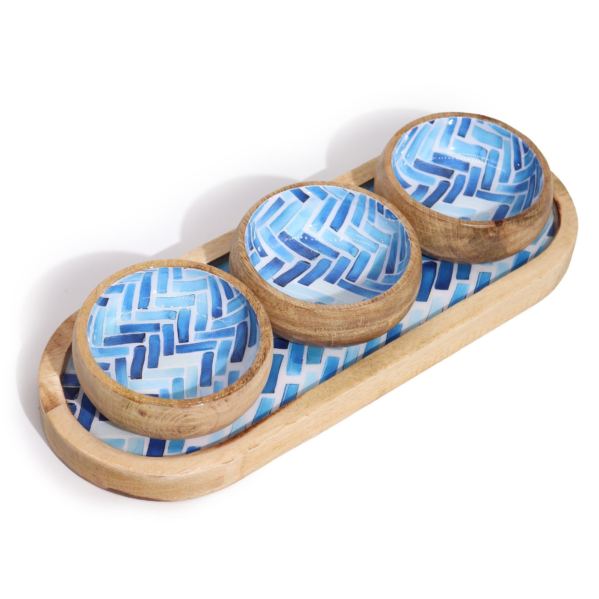 Mango Mango Wood Mango Wood Tray with 3 Bowls - Blue Stripes Product Image