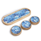 Mango Mango Wood Mango Wood Tray with 3 Bowls - Blue Stripes