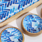 Mango Mango Wood Mango Wood Tray with 3 Bowls - Blue Stripes