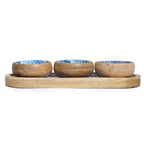 Mango Mango Wood Mango Wood Tray with 3 Bowls - Blue Stripes