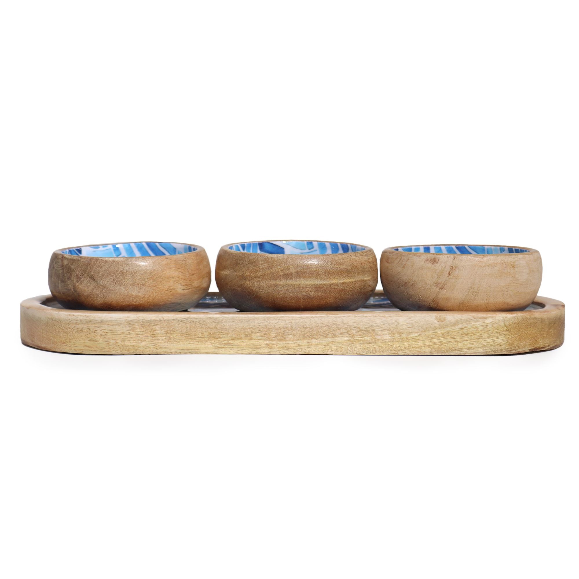 Mango Mango Wood Mango Wood Tray with 3 Bowls - Blue Stripes