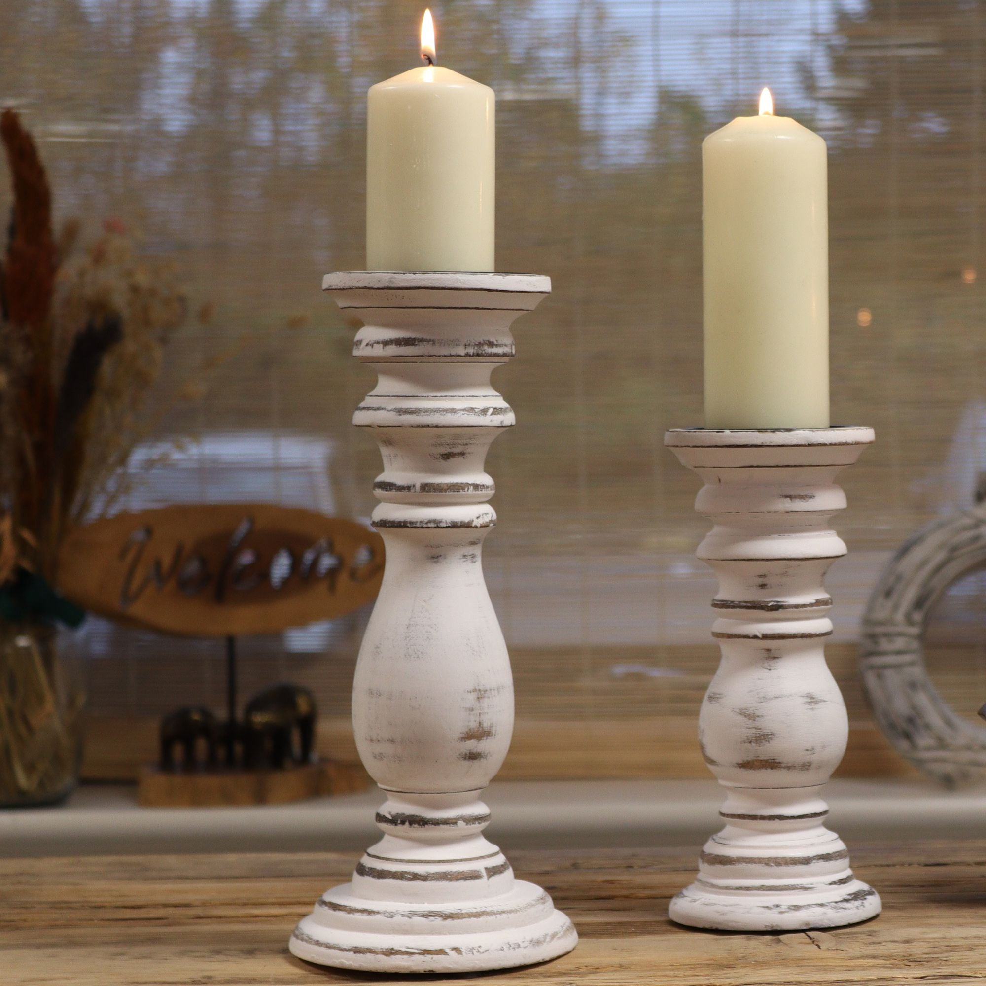 Candle Stand Large Mango Wood Classic Candle Stand - Whitewash - Large