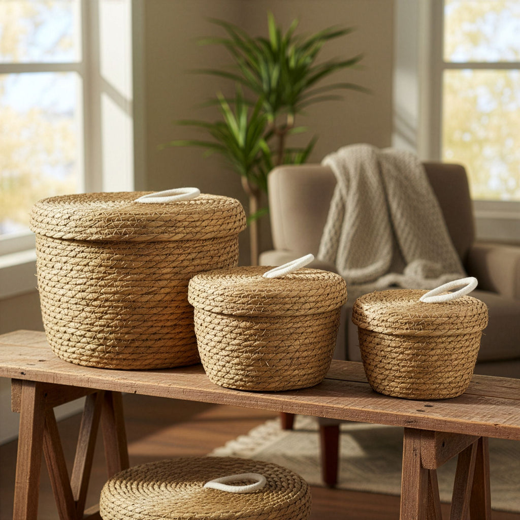 Seagrass Round Baskets with Lids Set of Three