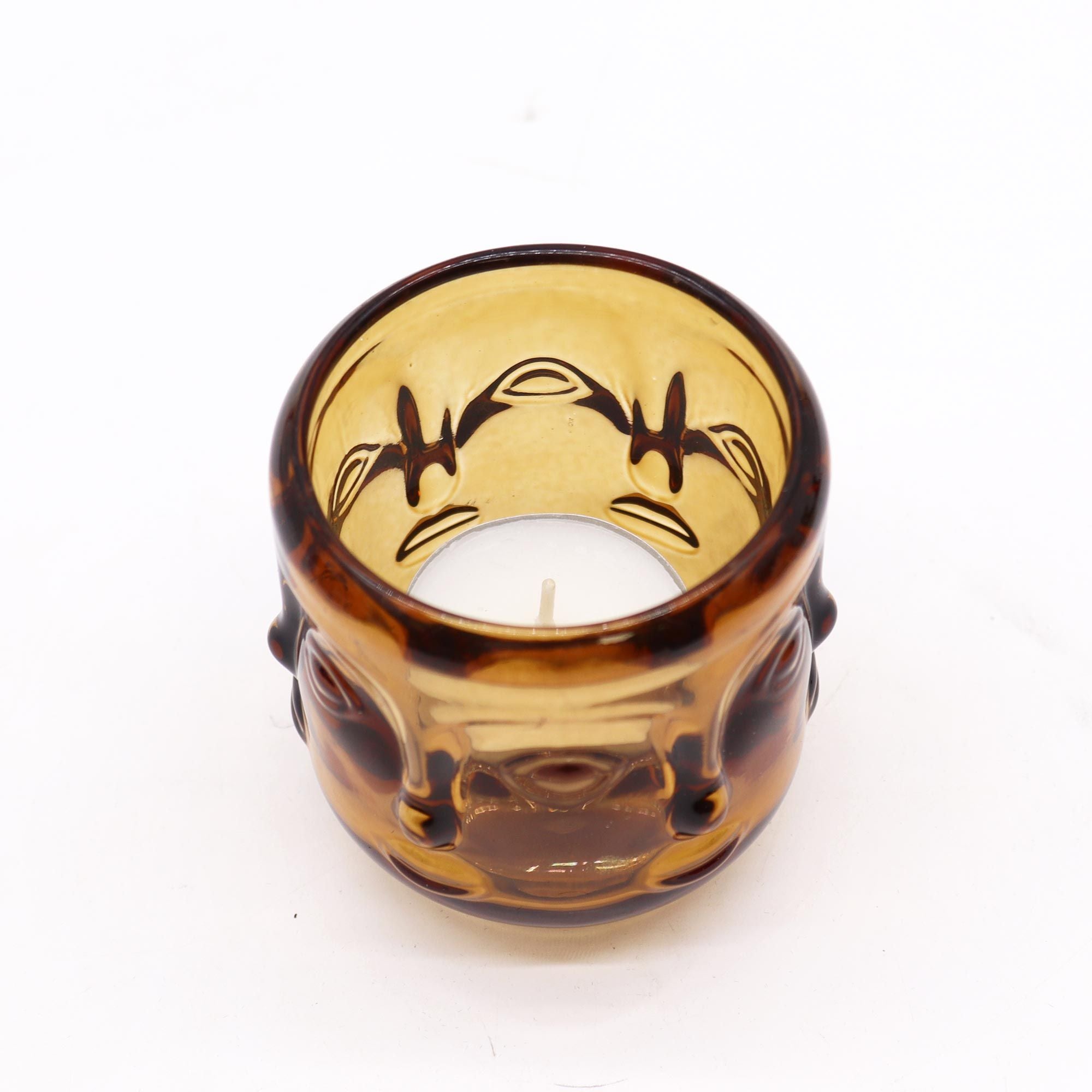 Buddha pressed glass Buddha-Face-Candle-Jar - Antique Amber