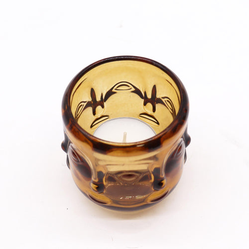Buddha pressed glass Buddha Face-Candle-Jar - Antique Amber