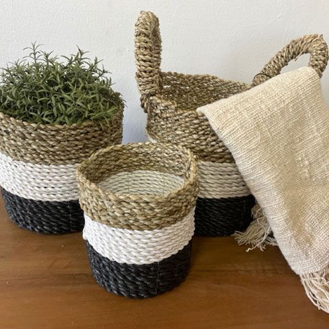 Seagrass Basket Set Dark Grey White Natural