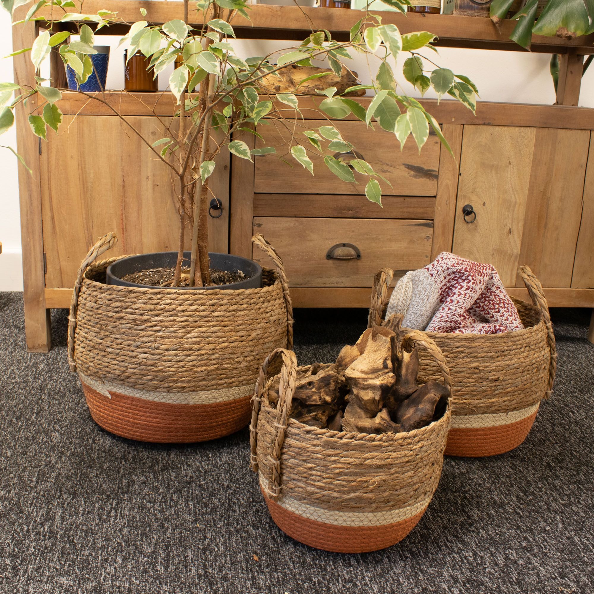 Large Seagrass Baskets Natural Orange Set of Three