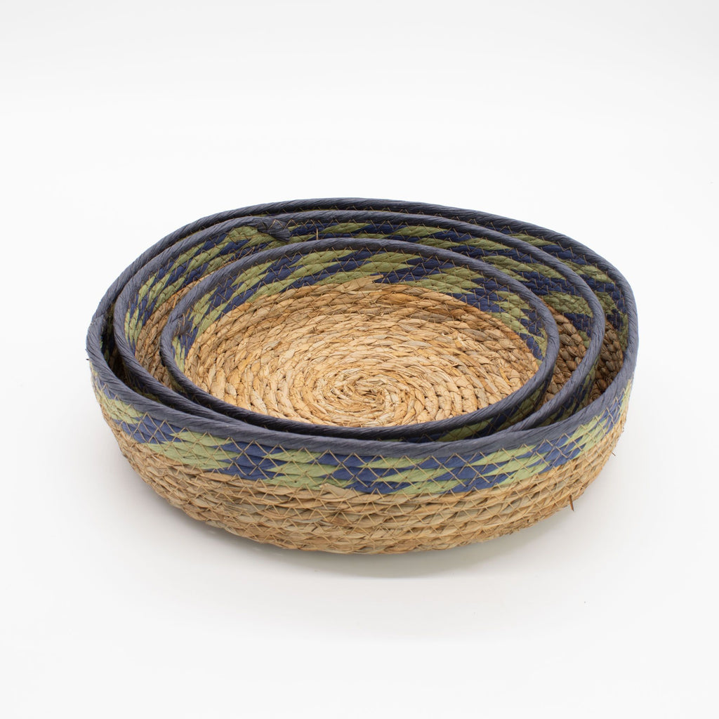 Seagrass Tray Baskets Natural Green Blue Set of Three