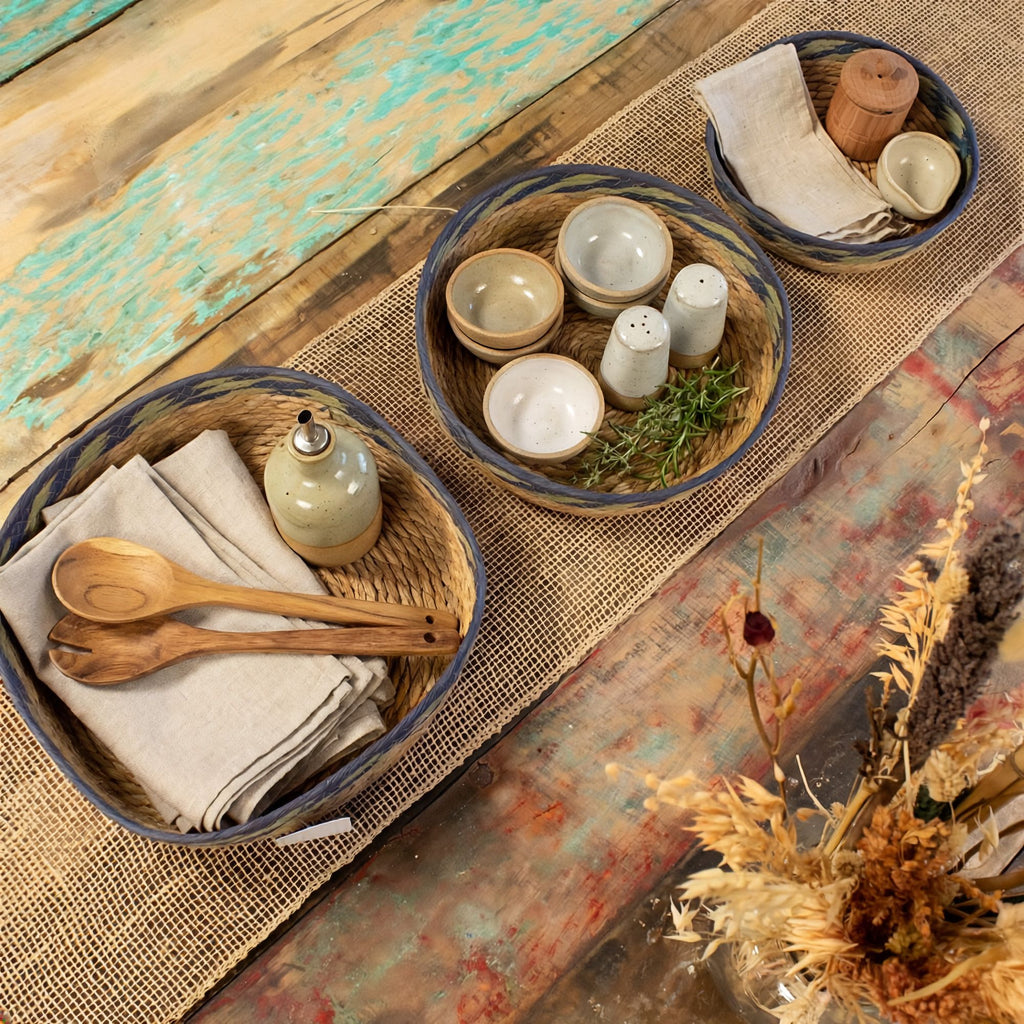 Seagrass Tray Baskets Natural Green Blue Set of Three
