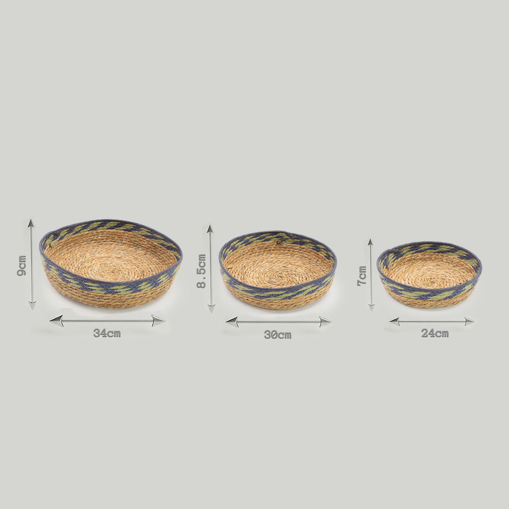 Seagrass Tray Baskets Natural Green Blue Set of Three