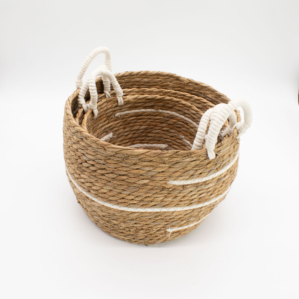 Basket Large Seagrass Cotton & Seagrass Large Baskets – Natural Stripes – Set of 3 Set of Three