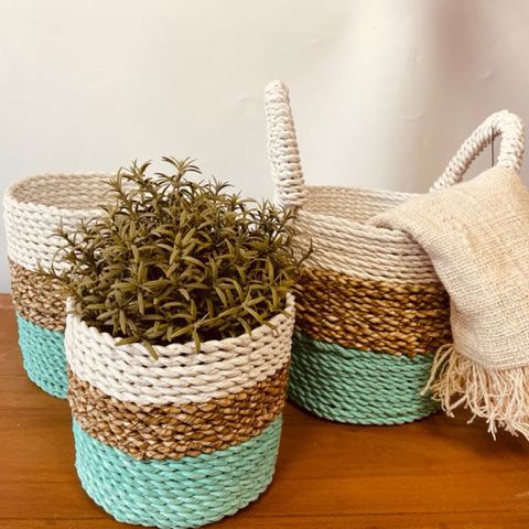 Seagrass Basket Set Green Natural White
