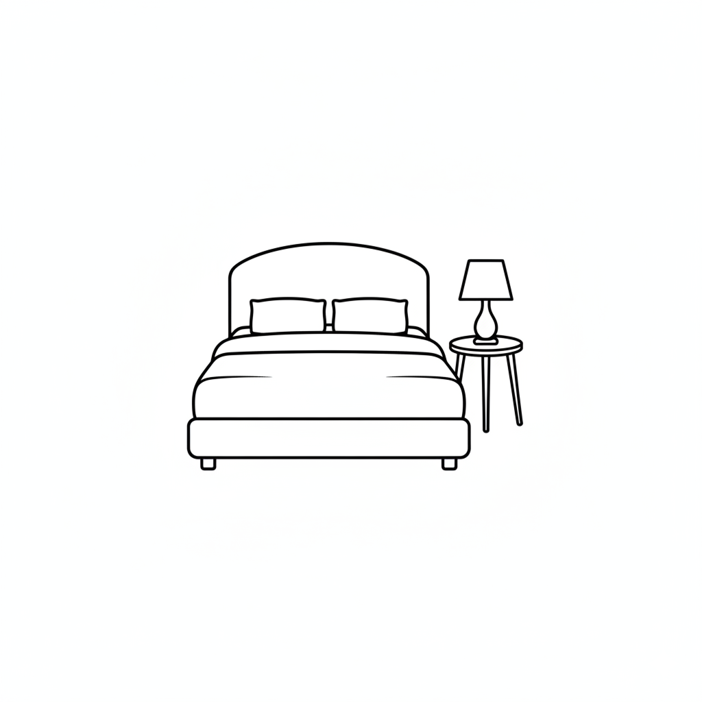 Simple line drawing of a bed with pillows and a side table with a lamp on a white background