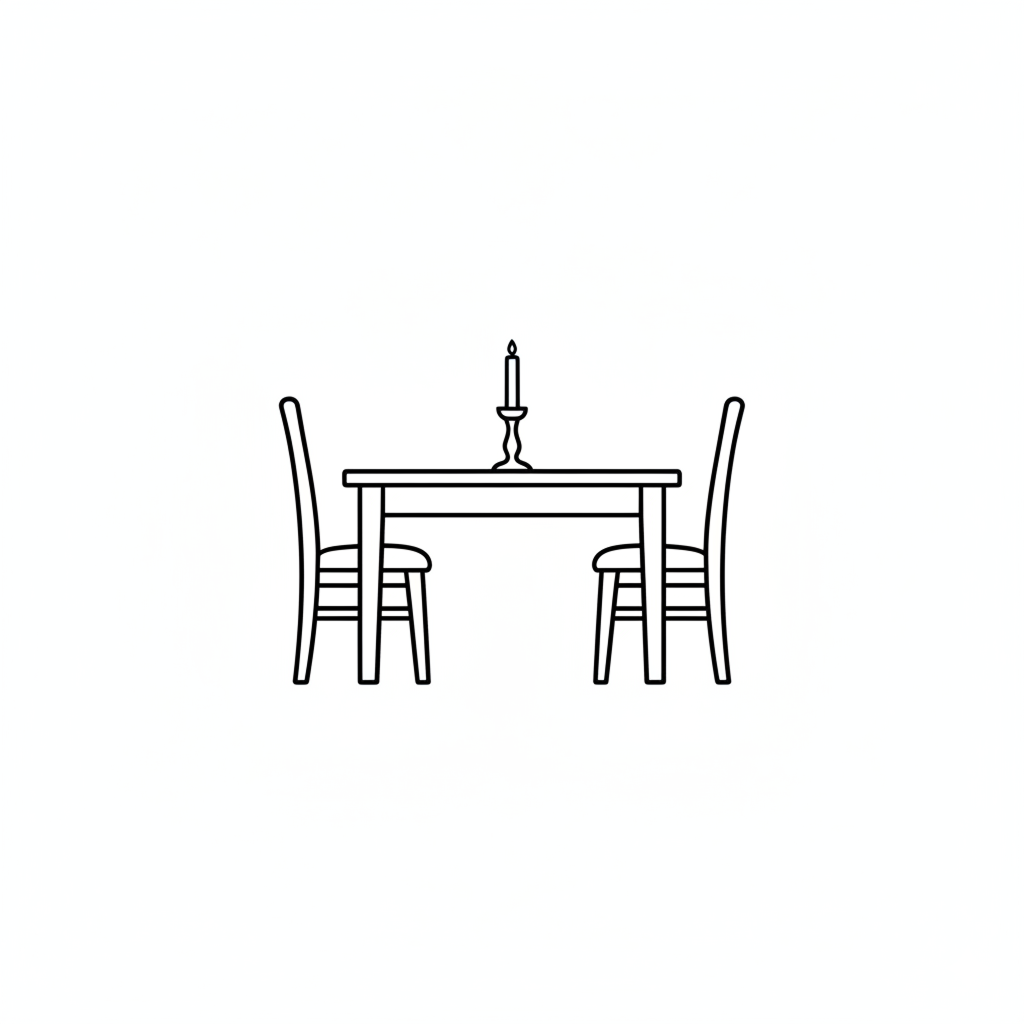 Simple line drawing of a table with two chairs and a candle on a white background
