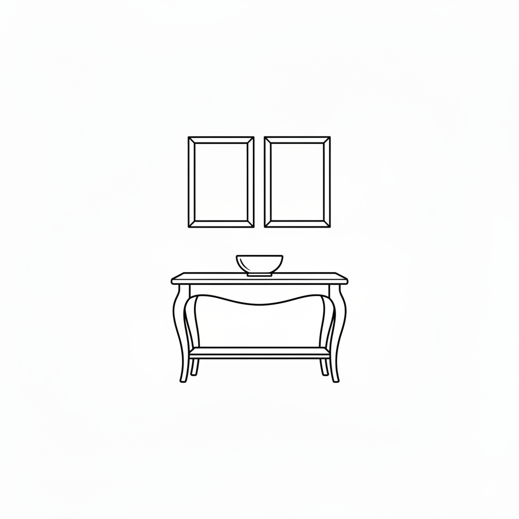 Line drawing of a bathroom vanity with mirror and bowl on a white background