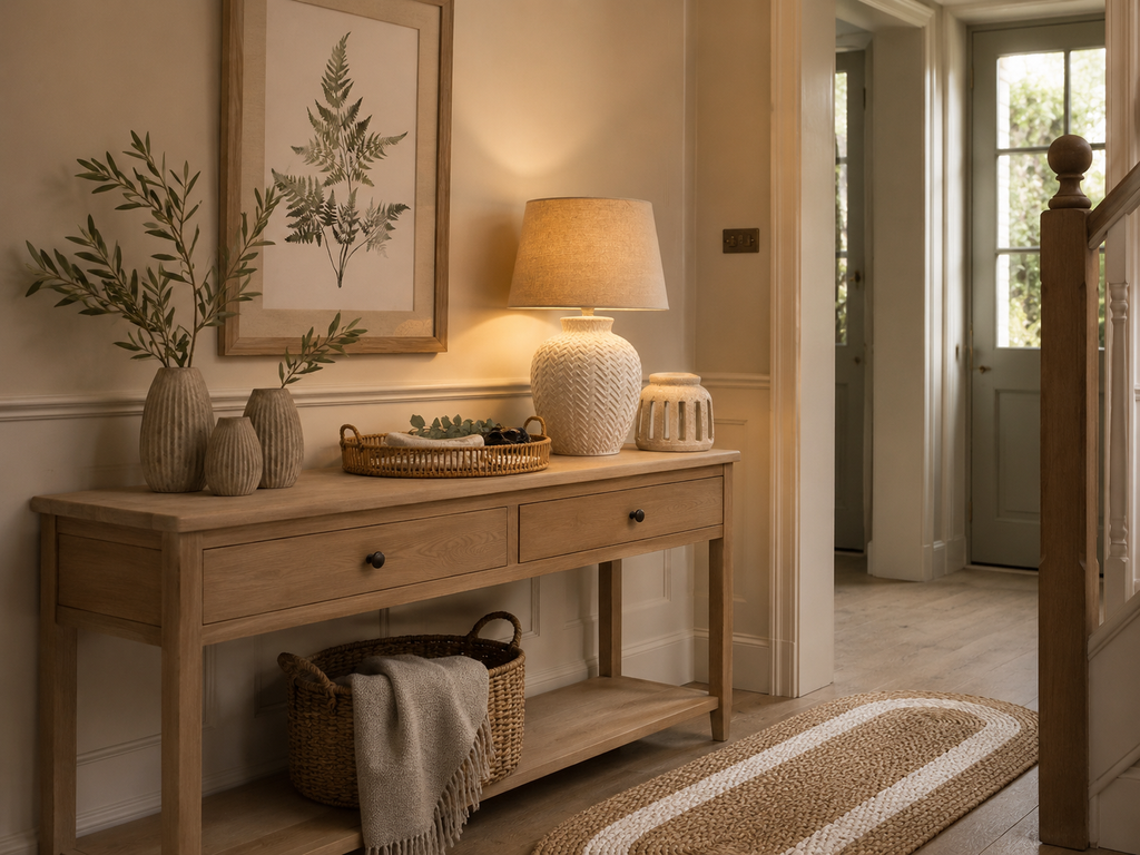 Narrow wooden console table with decorative items in a home interior setting.