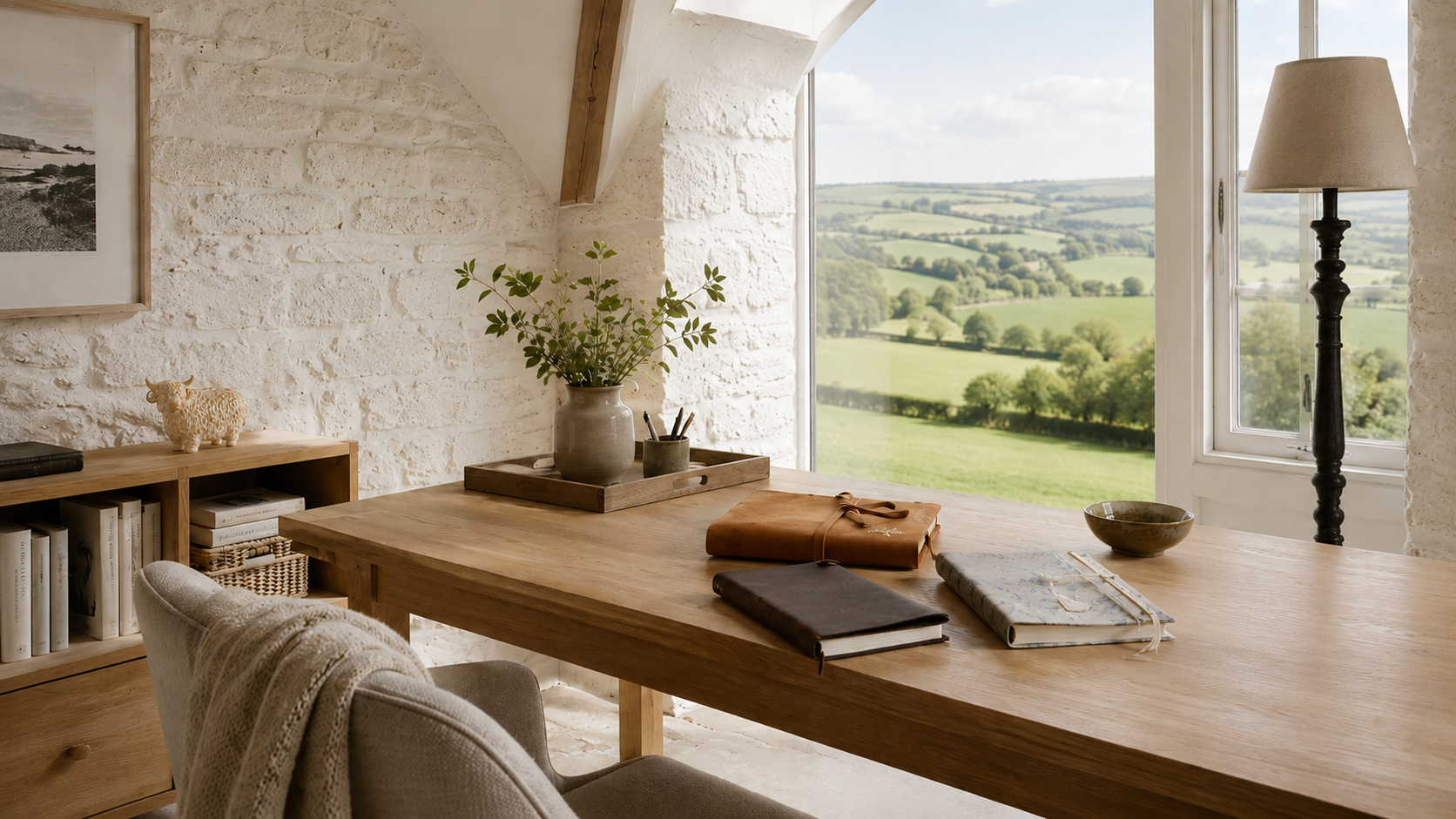 Home office with a wooden desk, chair, and large window overlooking a scenic landscape.