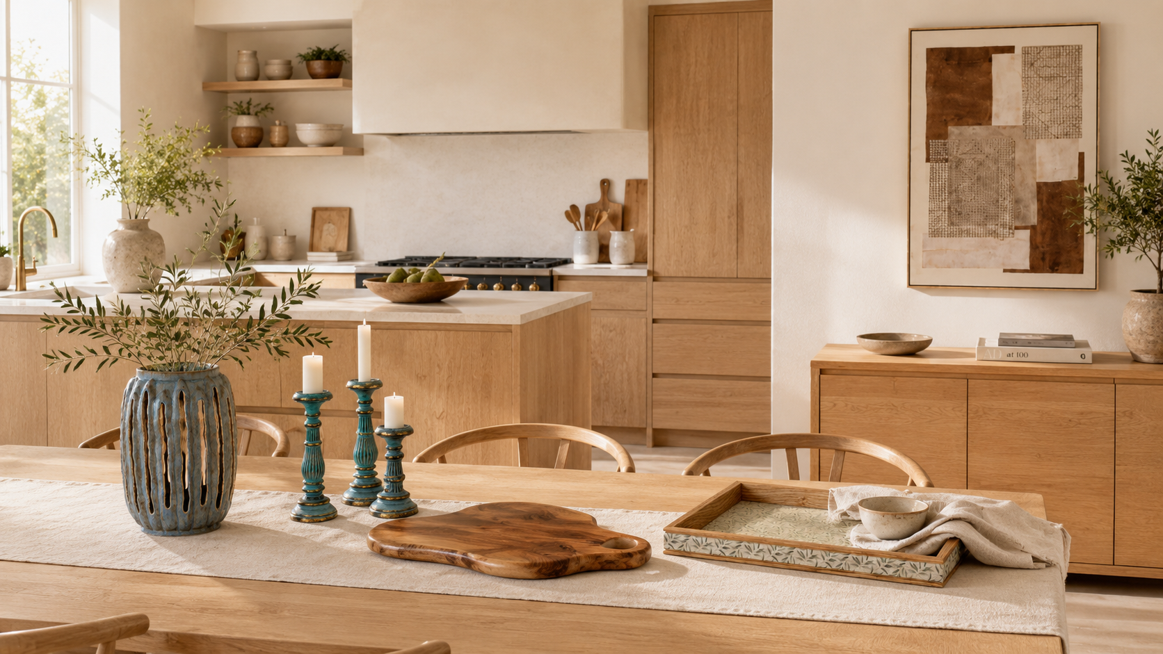 Modern kitchen with wooden cabinets and a dining table set.