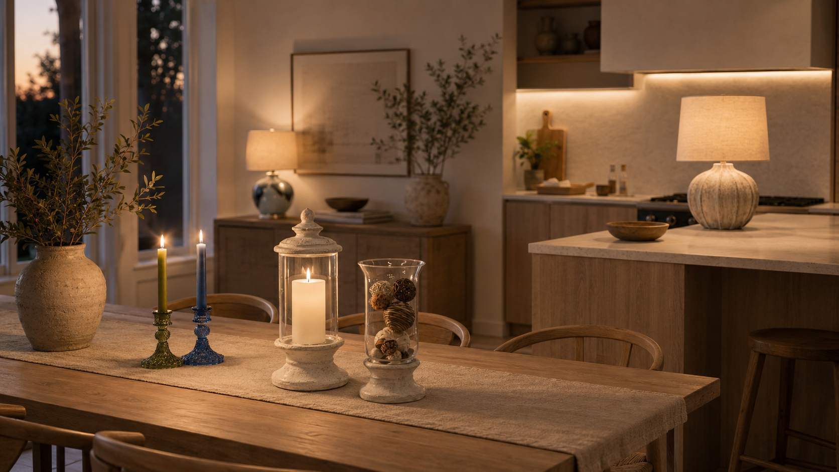 Dining room with a table set for a meal, candles, and decorative items.