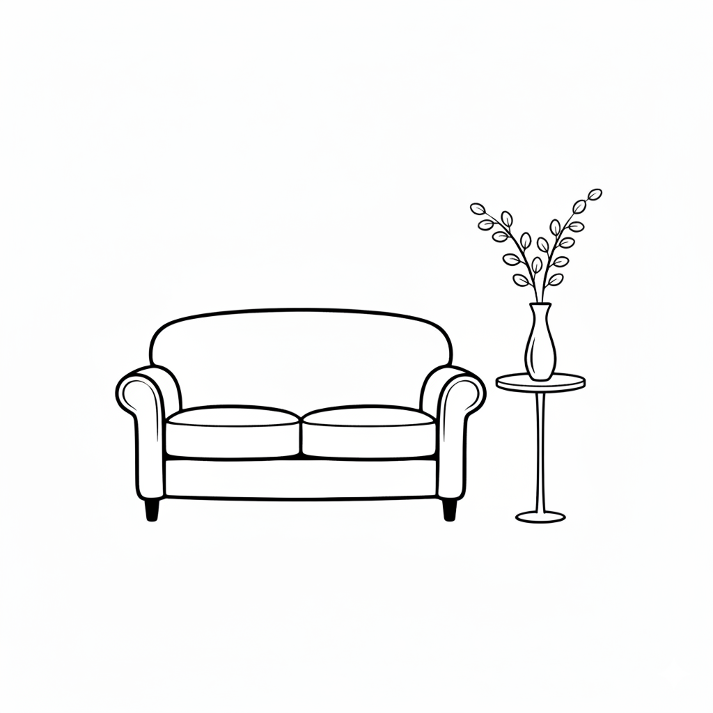 Line drawing of a sofa and a side table with a vase on a white background